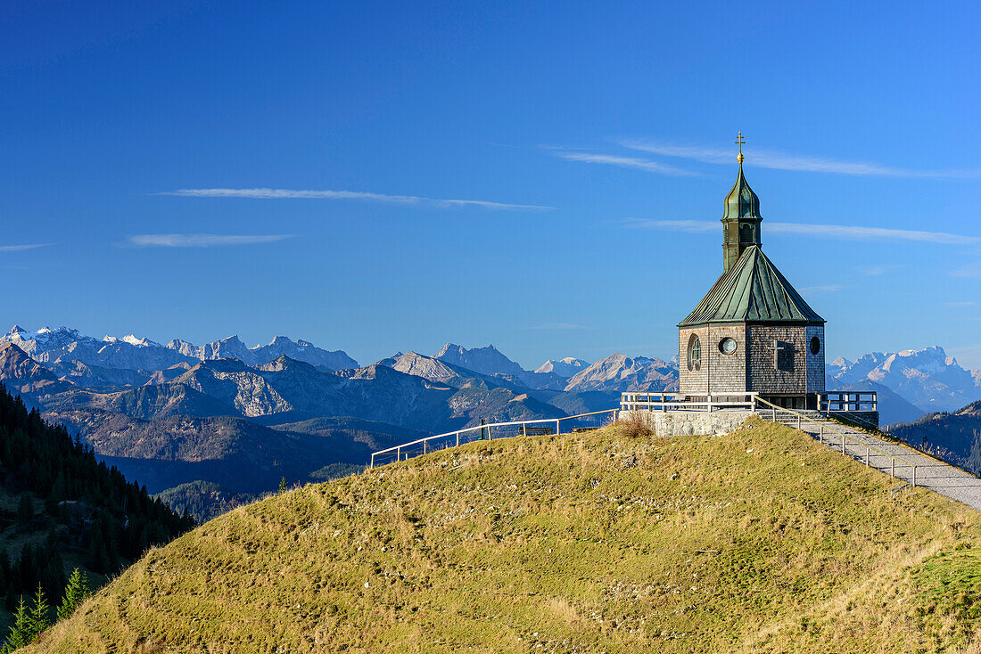 Chapel at Wallberg with Karwendel range and Zugspitze in background, Wallberg, Bavarian Alps, Upper Bavaria, Bavaria, Germany