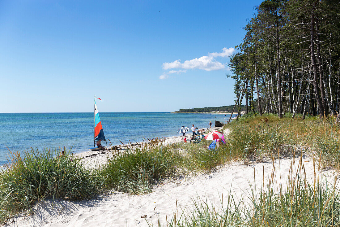 Familie am Strand, Traumstrand zwischen Strandmarken und Dueodde, feiner weisser Sand, Sommer, dänische Ostseeinsel, Ostsee, Insel Bornholm, Strandmarken, Dänemark, Europa