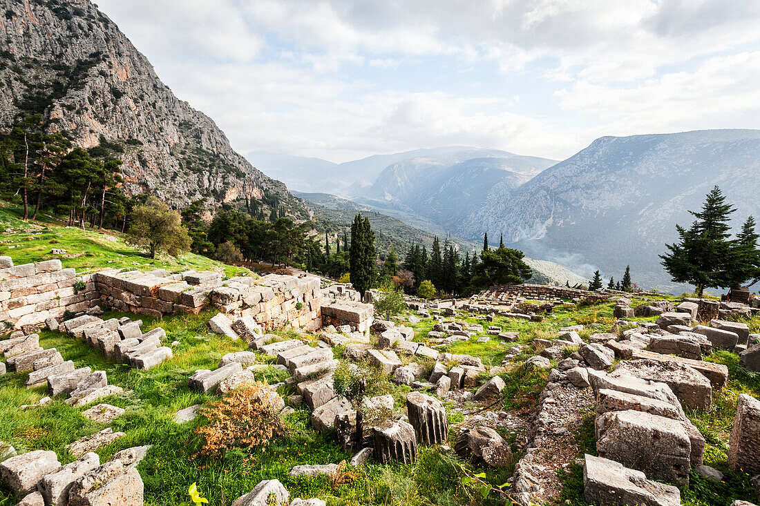Stone debris at a site of ruins, Delphi, Greece
