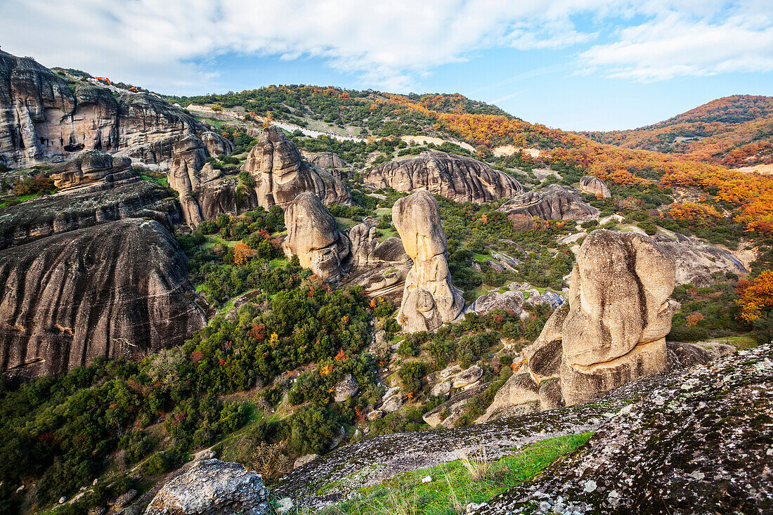 Landscape of rugged cliffs and autumn foliage, Meteora, Greece