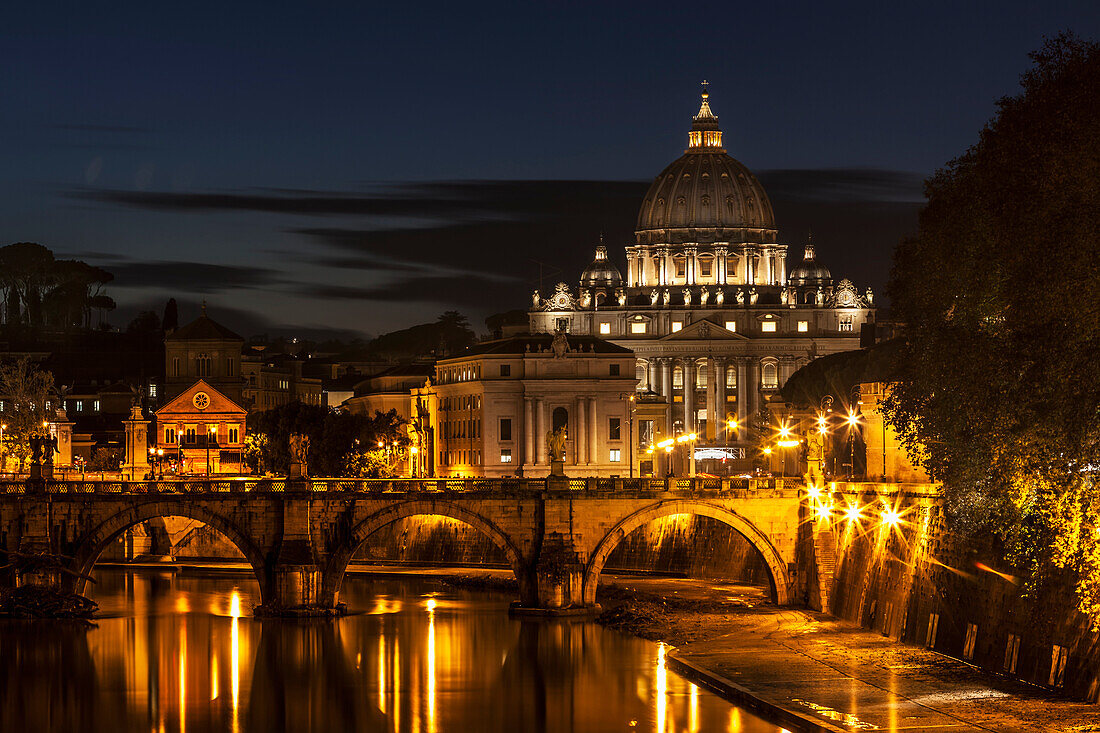 Saint Peter's Basilica, the world's largest church, at nighttime, Vatican City, Italy