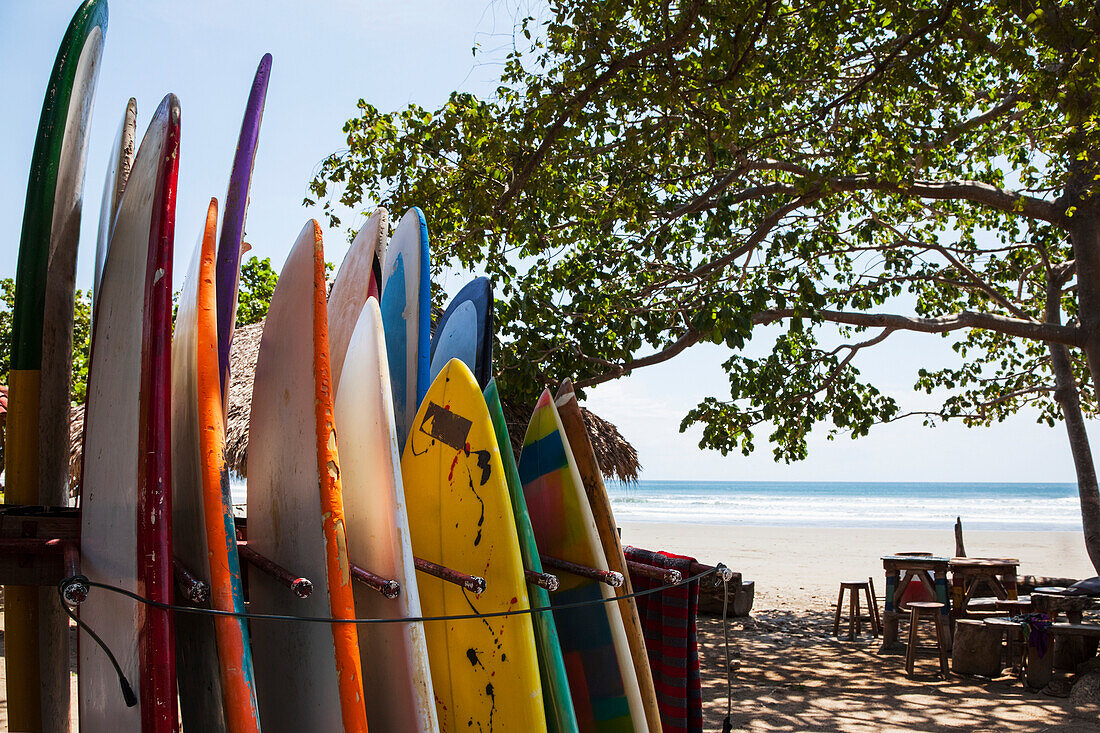 Surf boards available for rent in Playa Hermosa, Nicaragua