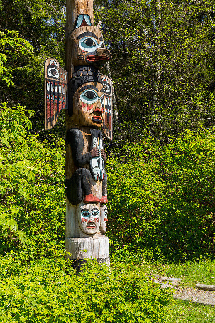 Native Alaskan Tlingit totem pole, Totem Bight Historical State Park, Ketchikan, Southeast Alaska, USA, Spring