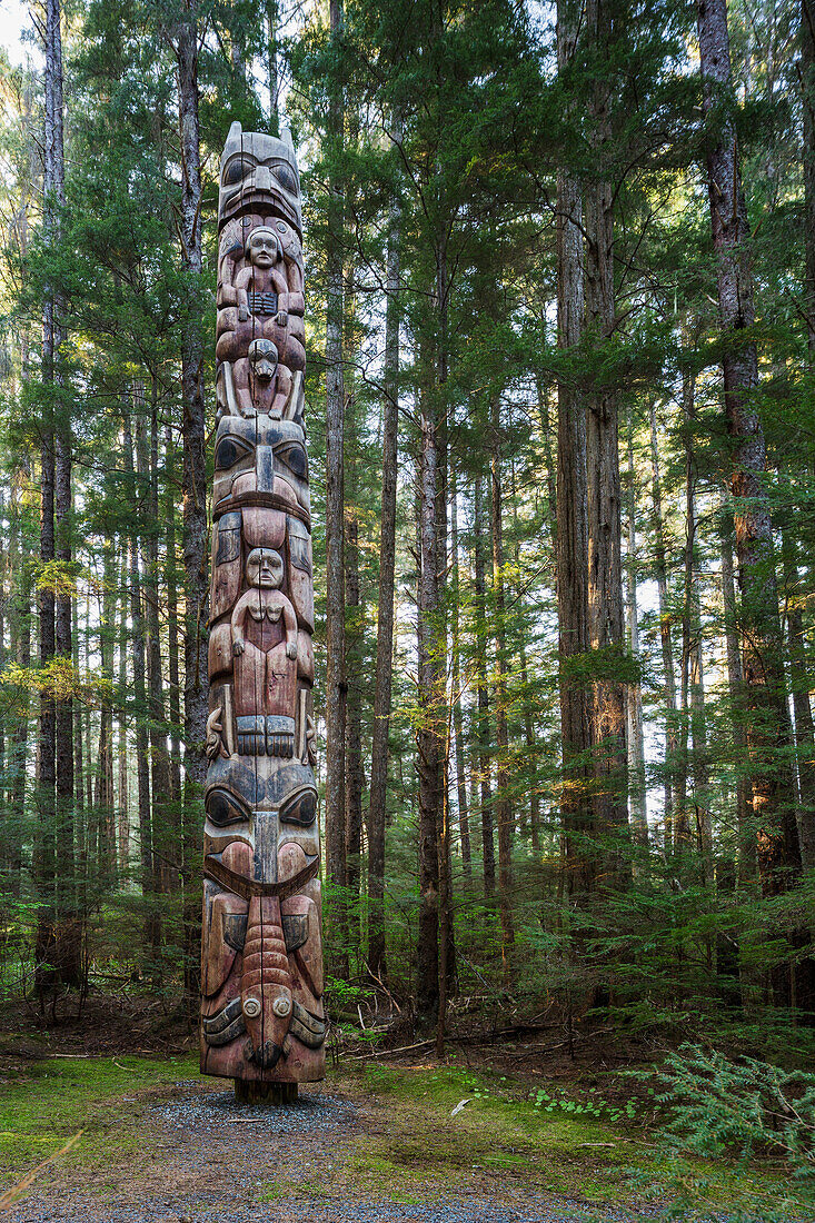 A Totem Pole in Sitka National Historic Park, Sitka, Southeast Alaska, USA, Summer