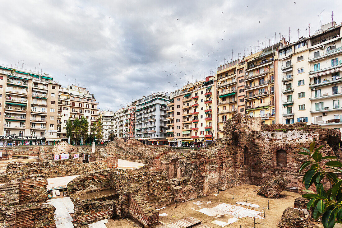 Contrast between new residential buildings and ruins, Thessaloniki, Greece