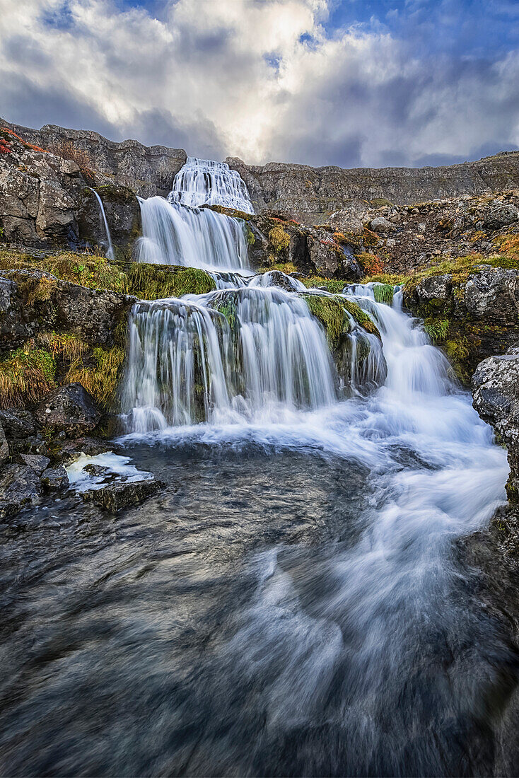 Dynjandi is one of the largest waterfalls in Iceland, consisting of seven different waterfalls that flow down the cascades on its way to the Atlantic Ocean, Iceland