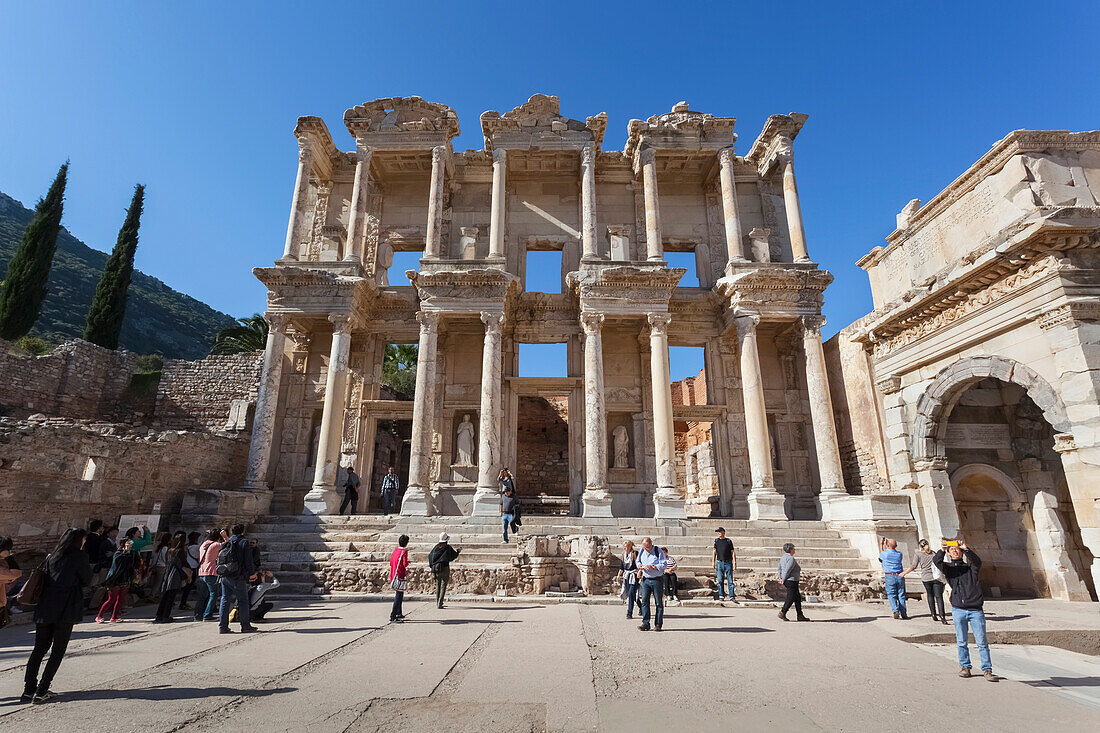 Tourists at Celsus Library, Ephesus, Izmir, Turkey