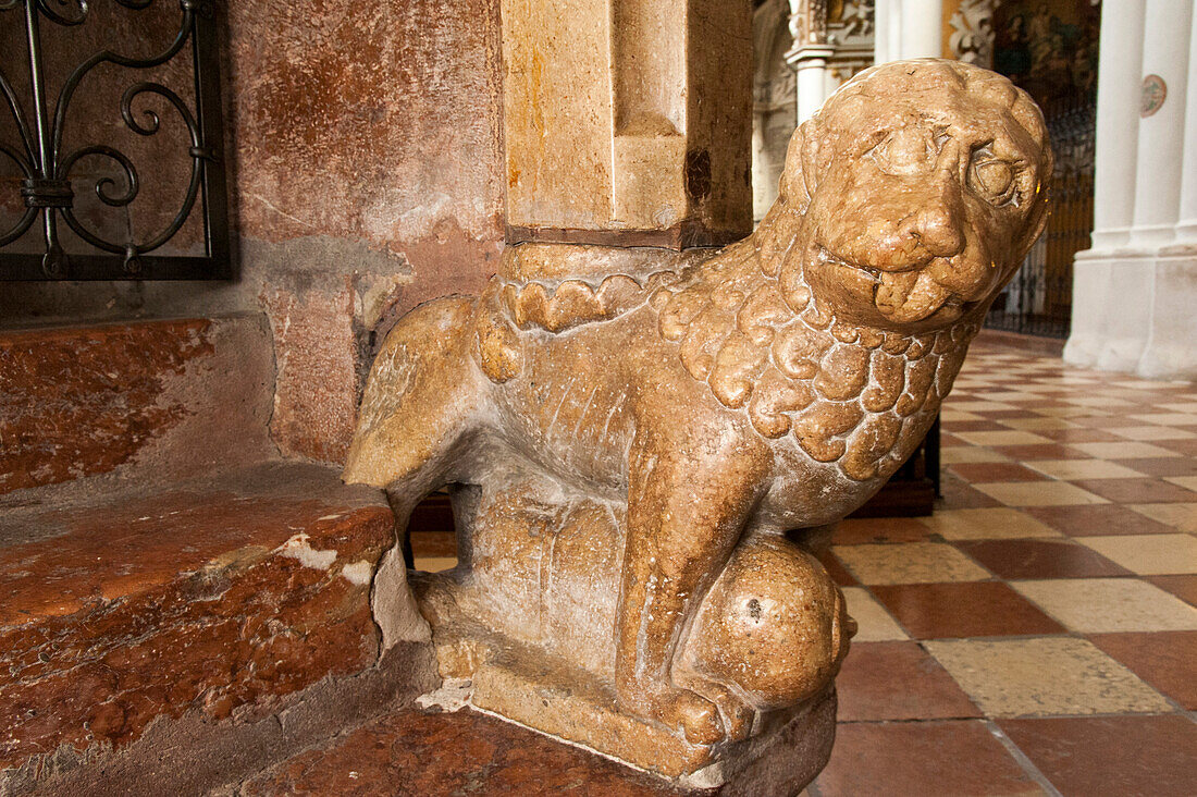 Romanesque lion 13th century, Franciscan church inside the historical center of the city of Salzburg, a UNESCO World Heritage Site, Austria