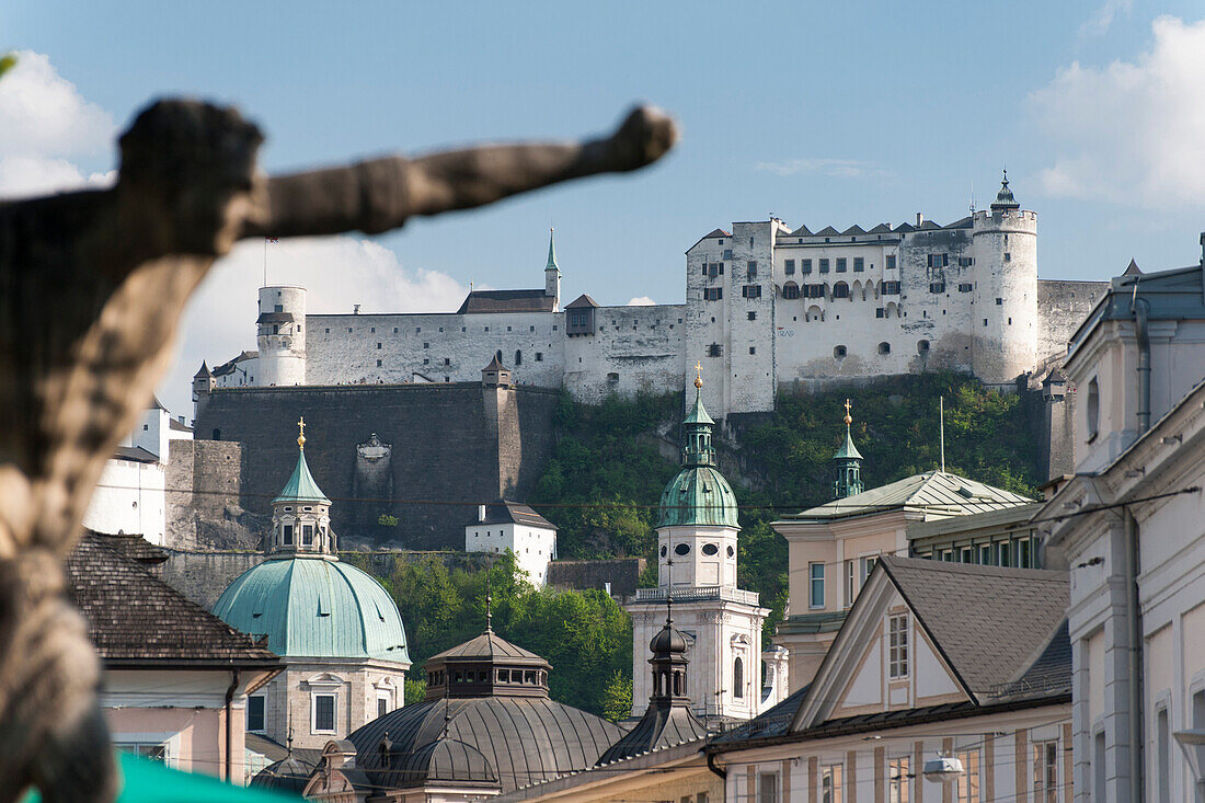 View from the Mirabell Gardens on the Hohensalzburg Fortress, the historic center of the city of Salzburg, a UNESCO World Heritage Site, Austria