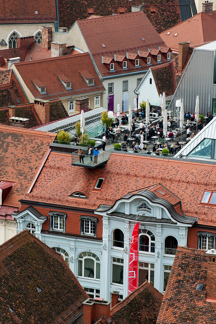 Restaurant cafe on roof terrace, department store Kastner & Ohler - Paradeishof, view from the Schlossberg on the historic center, a UNESCO World Heritage Site city of Graz - Historic Centre, Steiermark, Austria