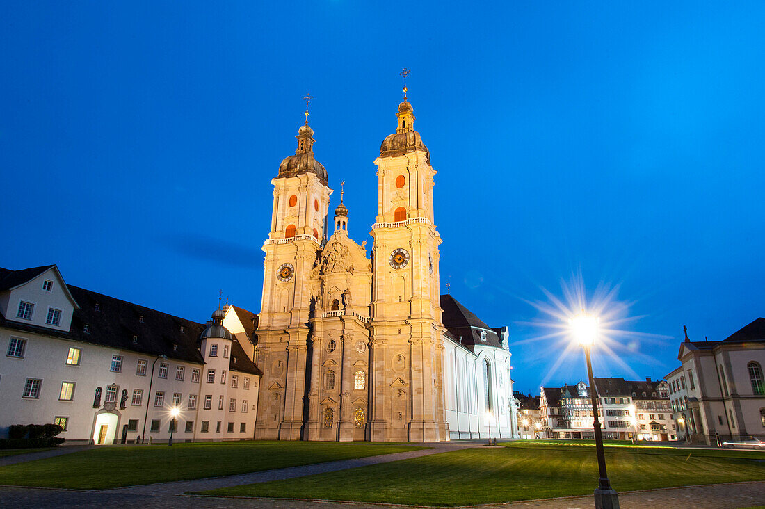 Cathedral former collegiate church, at dusk, UNESCO World Heritage Site Convent of St Gall, Canton St. Gallen, Switzerland