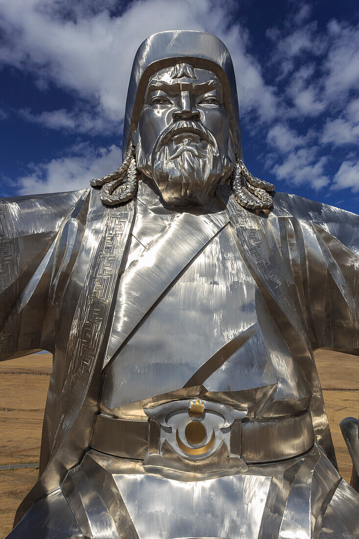 Huge silver stainless steel Chinggis Khaan Genghis Khan statue, Tsonjin Boldog, Tov Province, Central Mongolia, Central Asia, Asia