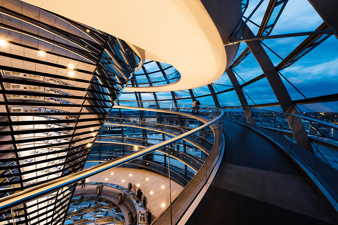 Wide angle interior view of The Dome of the Reichstag building at night, designed by Sir Norman Foster, Berlin, Germany, Europe