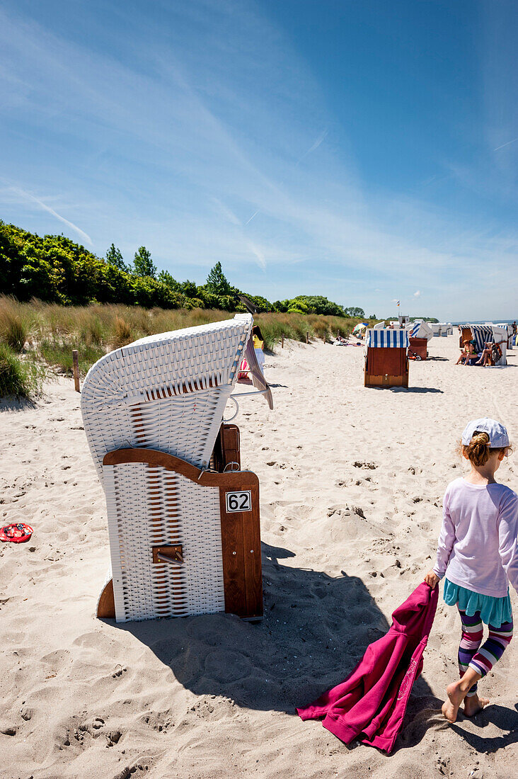 Girl on the beach, beach chairs on the beach, seaside, Poel Island, Wismar, Baltic Sea, Germany, Europe, summer