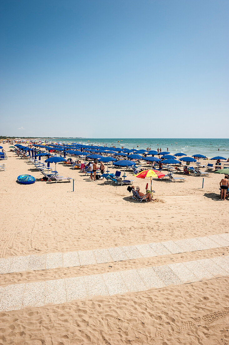 Sunshade and sunbeds on the beach, Camping, Marina di Venezia, Punta Sabbioni, Venice, Italy, Europe, Mediterranean Sea