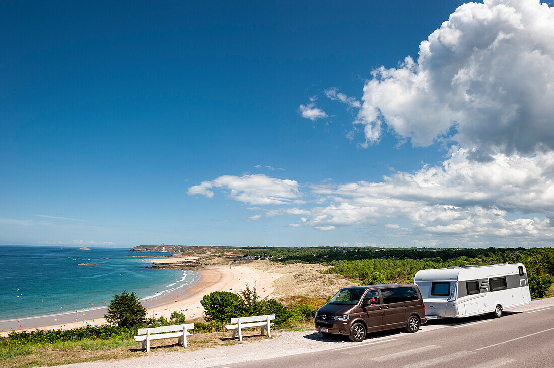 Camping am Meer, Küste bei Pont de l´Etang, Cap Frehel, Côte d´Emeraude, Nordbretagne, Bretagne, Frankreich, Europa