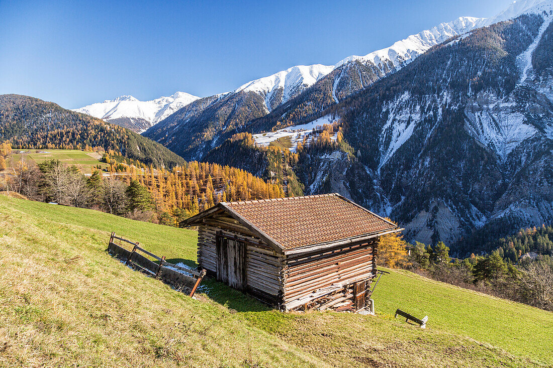Wooden cabin surrounded by colorful woods and snowy peaks, Schmitten, Albula District, Canton of Graubunden, Switzerland, Europe