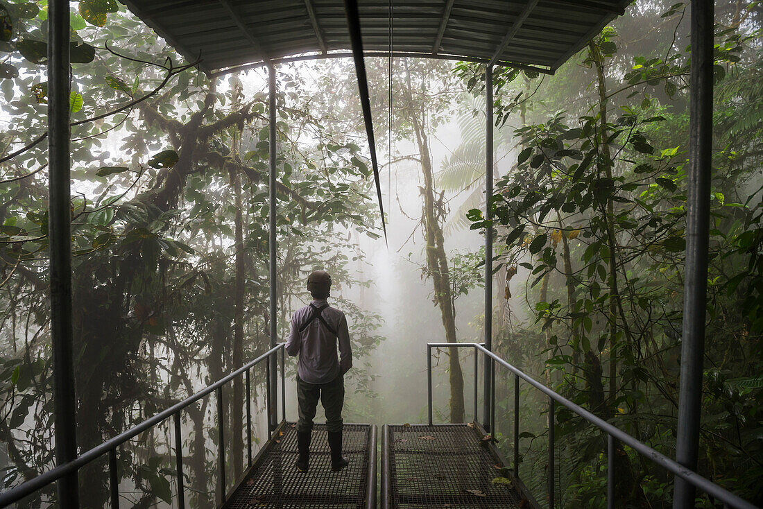 Mashpi Lodge Sky Bike station on a misty morning in the Choco Rainforest, Pichincha Province, Ecuador, South America