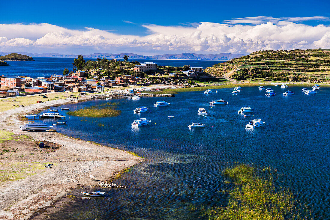 Harbour on Lake Titicaca at Challapampa village on Isla del Sol Island of the Sun, Bolivia, South America