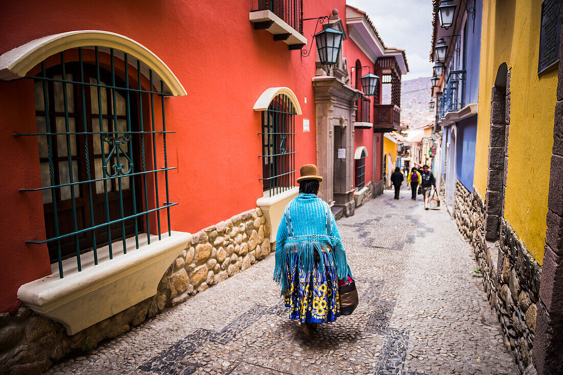 Chollita on Calle Jaen, a colourful colonial cobbled street in La Paz, La Paz Department, Bolivia, South America
