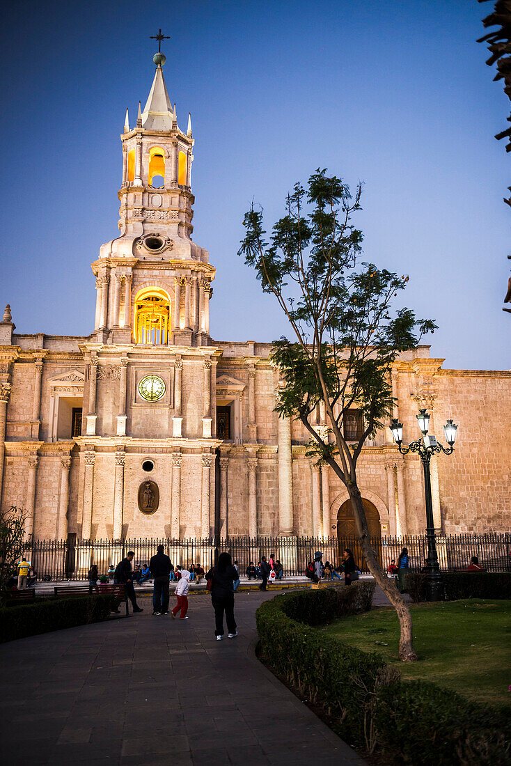 Night at Basilica Cathedral of Arequipa Basilica Catedral, Plaza de Armas, UNESCO World Heritage Site, Arequipa, Peru, South America