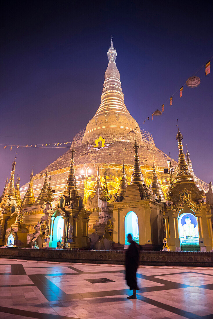 Buddhist monk at Shwedagon Pagoda Shwedagon Zedi Daw Golden Pagoda at night, Yangon Rangoon, Myanmar Burma, Asia