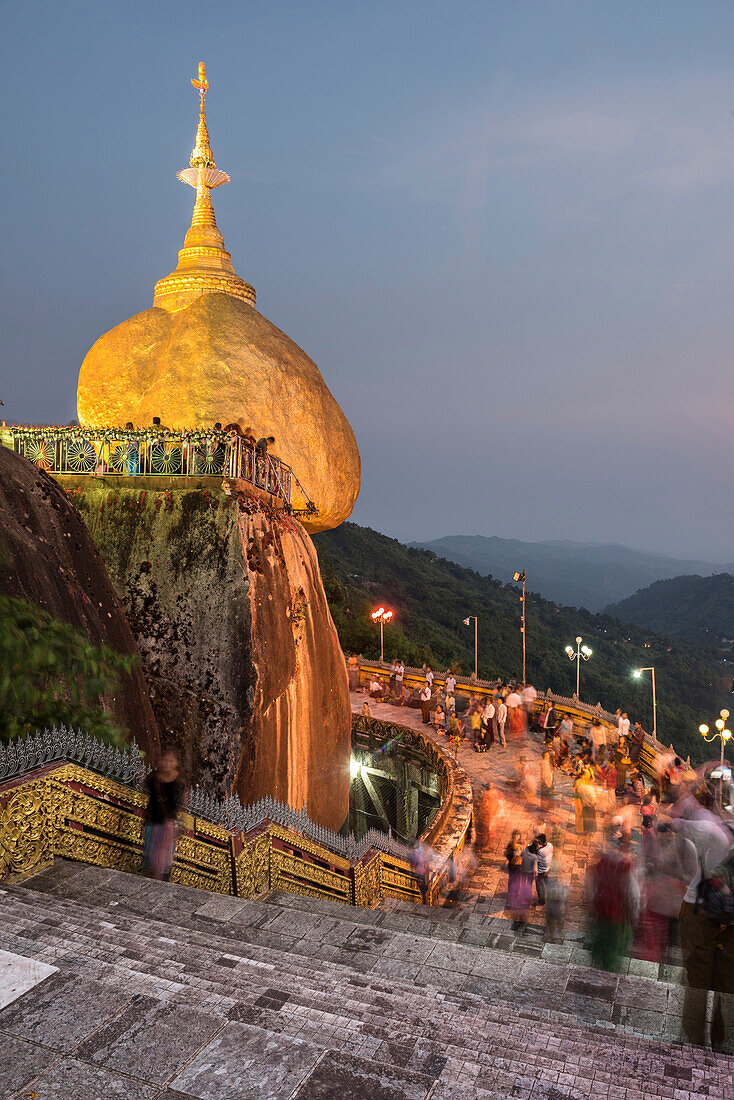 Golden Rock Kyaiktiyo Pagoda at night, a Buddhist Temple in Mon State, Myanmar Burma, Asia