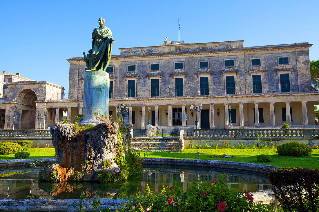 Statue of Frederick Adam in front of the Palace of St. Michael and St. George, Corfu Old Town, Corfu, The Ionian Islands, Greek Islands, Greece, Europe