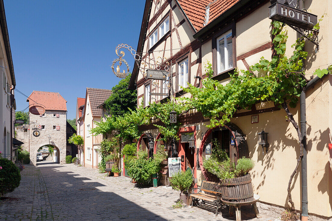 Restaurant in Maingasse street, Maintor Gate, Wine village of Sommerhausen, Mainfranken, Lower Franconia, Bavaria, Germany, Europe
