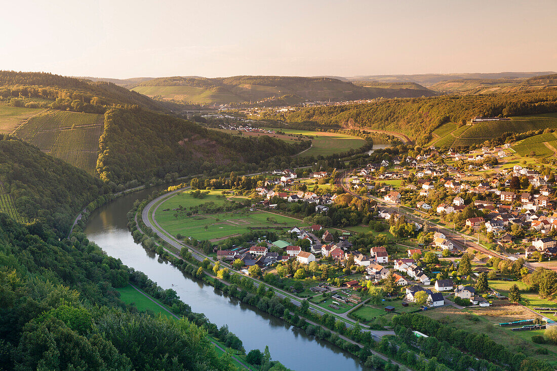 View over the Saar Valley with Saar River near Serrig, Rhineland-Palatinate, Germany, Europe