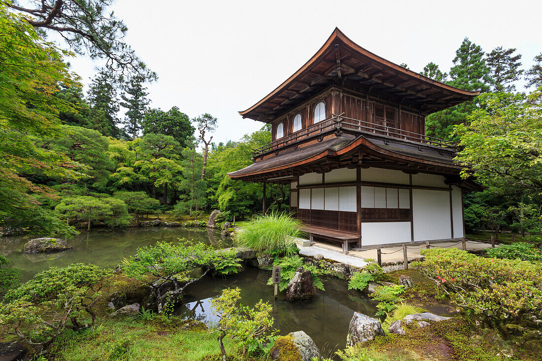 Ginkaku-ji Silver Pavillion, classical Japanese temple and garden, main hall, pond and leafy trees in summer, Kyoto, Japan, Asia
