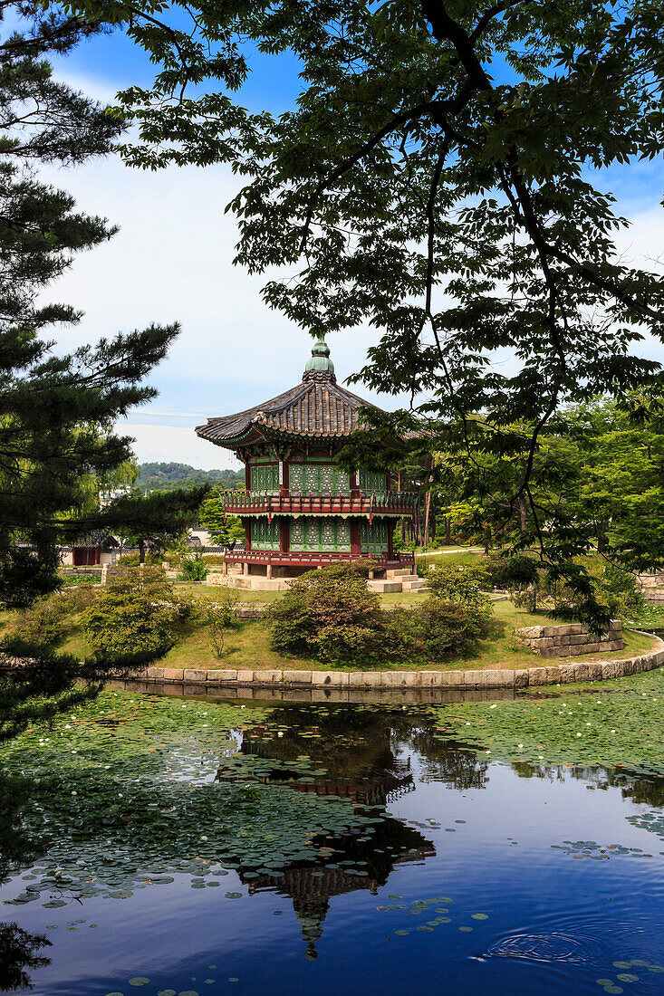 Hyangwonjeong, hexagonal pavilion reflected in water lily filled lake in summer, Gyeongbokgung Palace, Seoul, South Korea, Asia