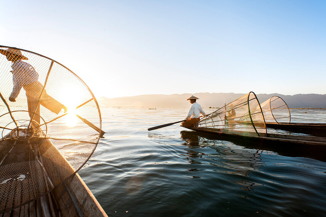 Traditional fisherman on Inle lake, Shan State, Myanmar Burma, Asia
