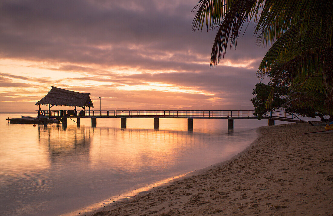 Jetty on Leleuvia Island at sunset, Lomaiviti Islands, Fiji, South Pacific, Pacific