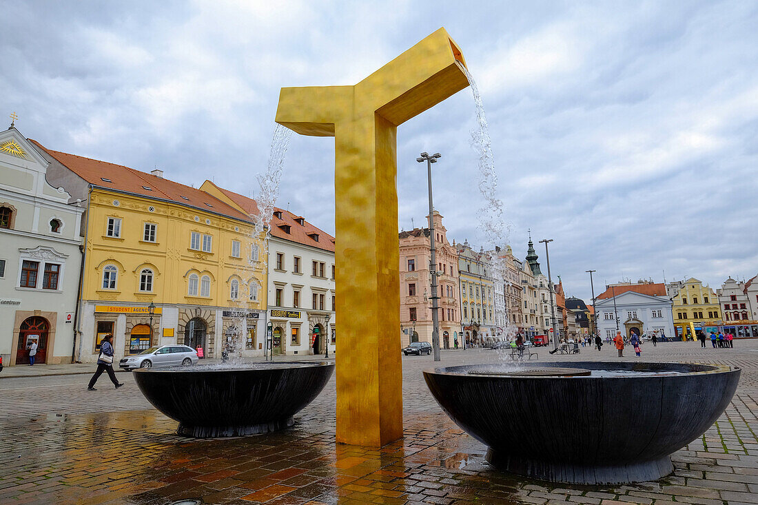 One of the three modern gold fountains in the Republic Square, Pilsen Plzen, West Bohemia, Czech Republic, Europe