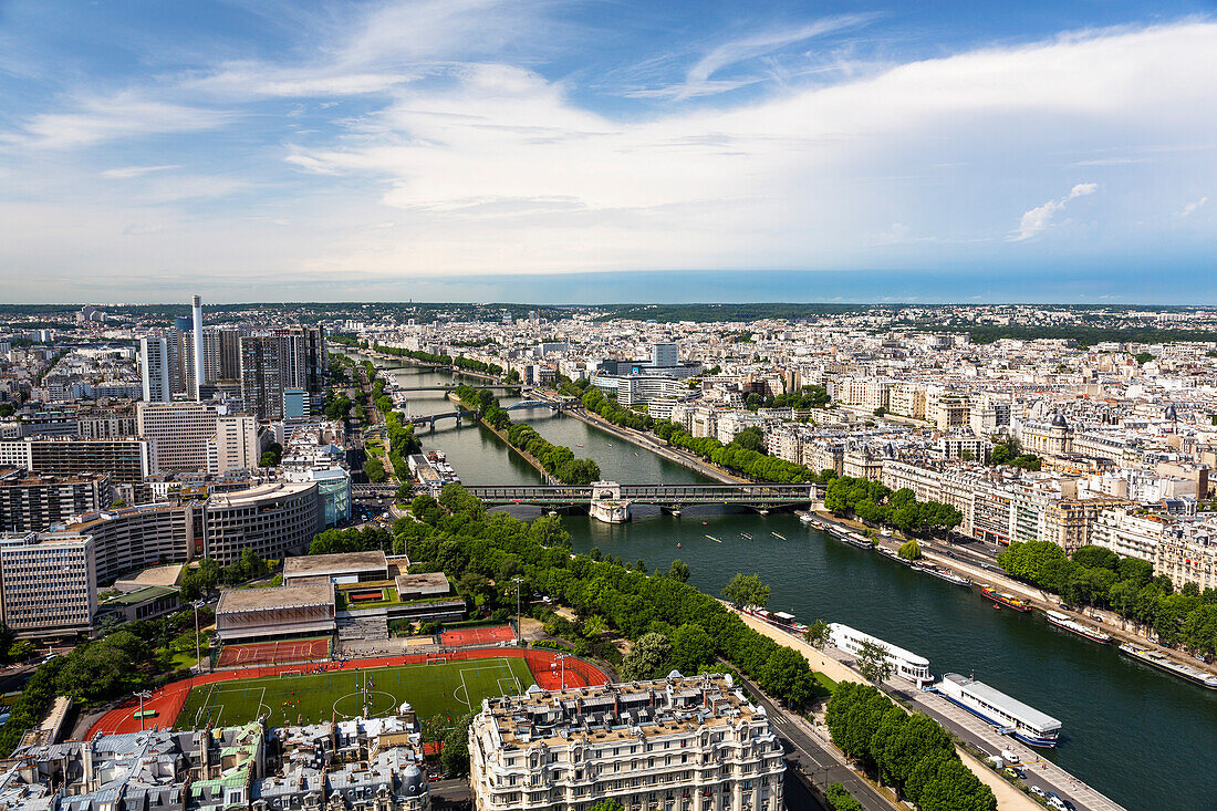 Blick vom Eiffelturm auf die Seine und die Ile aux Cygnes, Paris, Frankreich