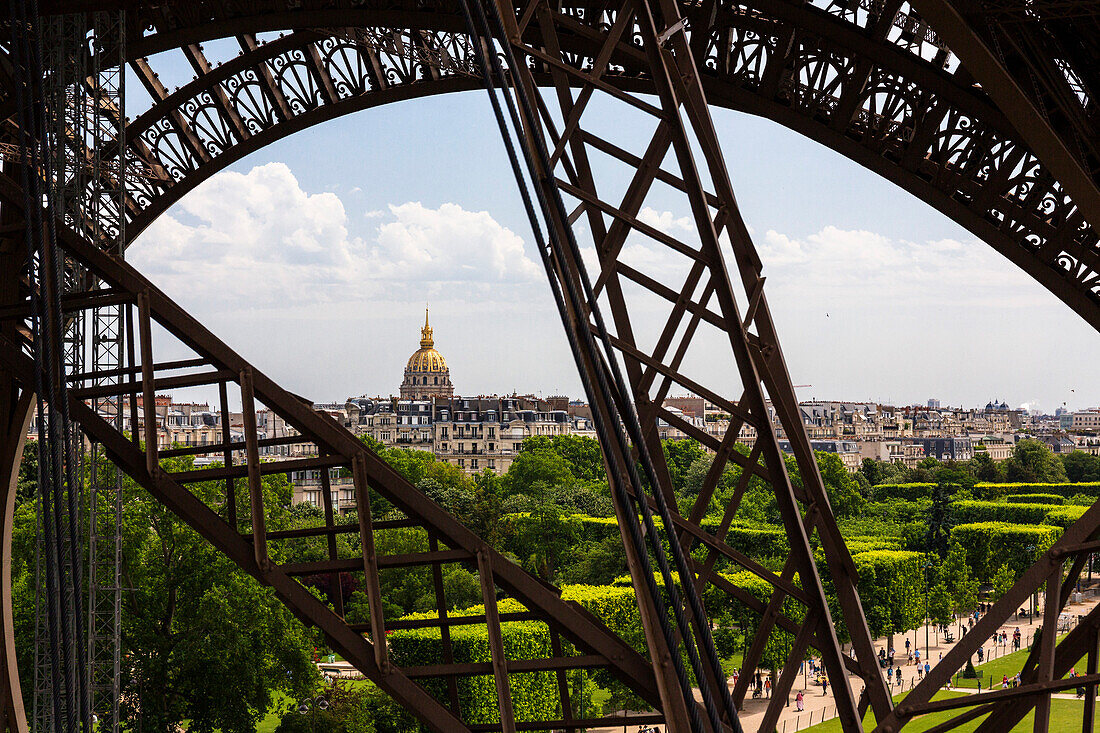 Champ de Mars and Dome des Invalides as seen from a lower level of the Eiffel Tower, Paris, France, Europe