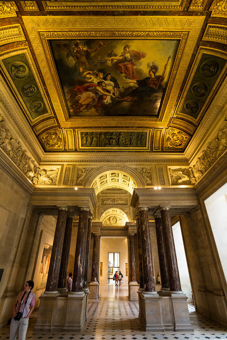 Interior view of the Louvre museum, ceiling paintings, Paris, France, Europe