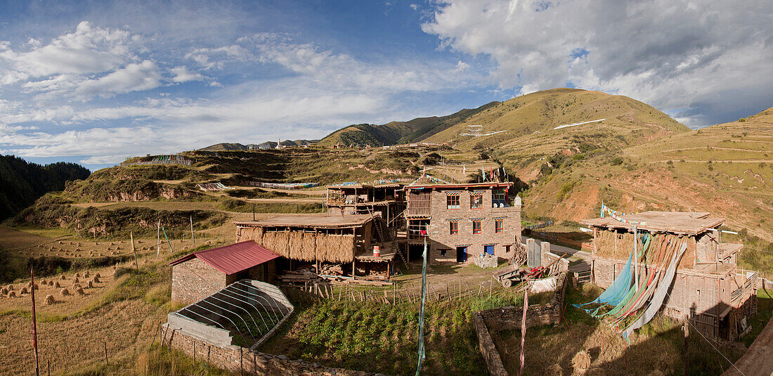 Remote monastery and mountain landscape, Qinghai, Tibet, China