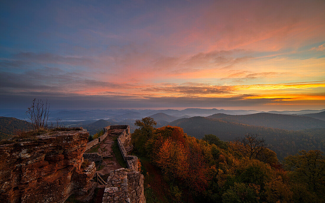 View from the highest castle in the Palatinate Forest, called Wegelnburg, Nothweiler, Palatinate Forest, Rhineland-Palatinate, Germany