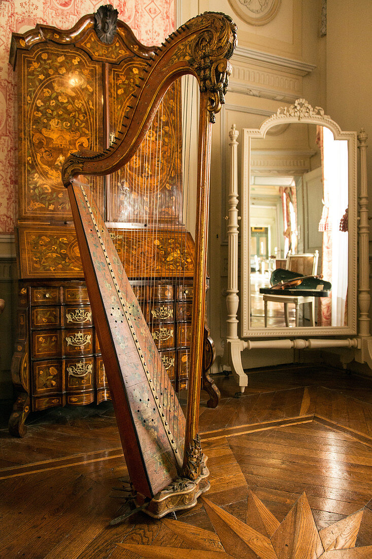the sitting room or music room with grandmother's harp, george sand estate, george sand's black valley and romanticism in the berry, nohant-vic (36), france