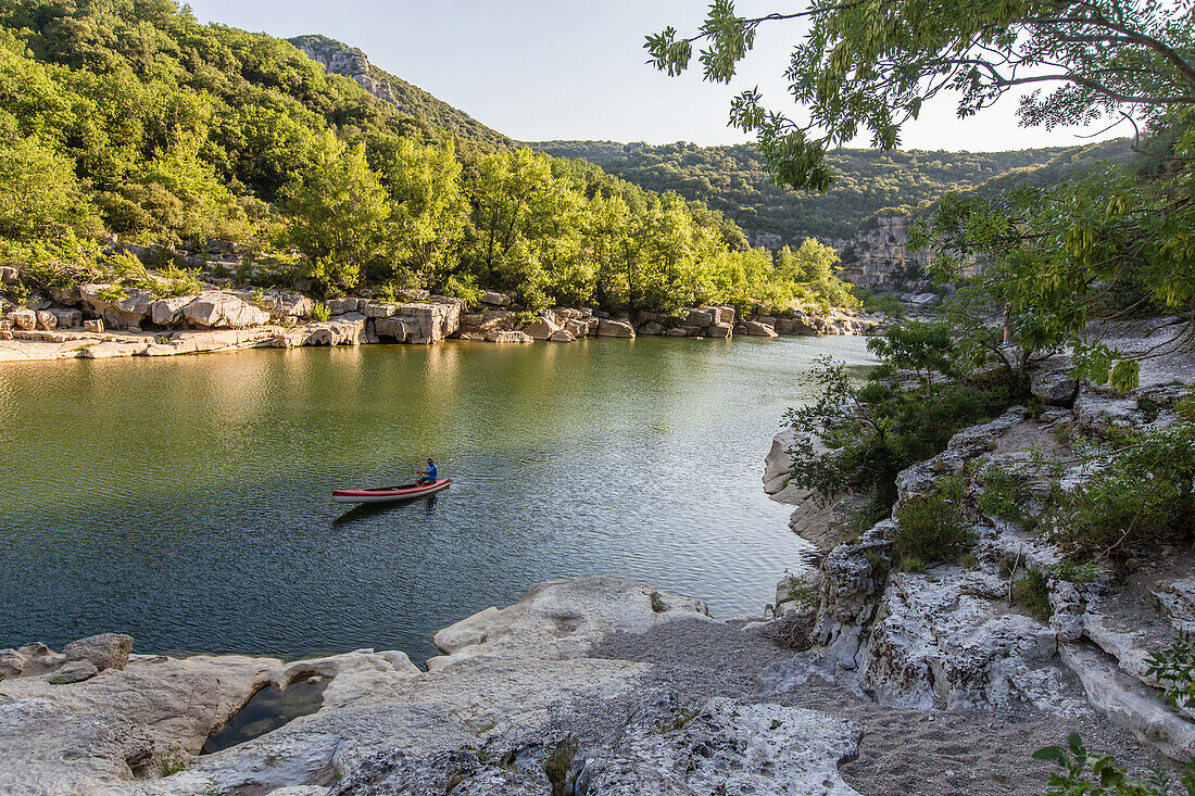 canoe on the river, gorges of the ardeche, nature reserve of the gorges of the ardeche, ardeche (07), france