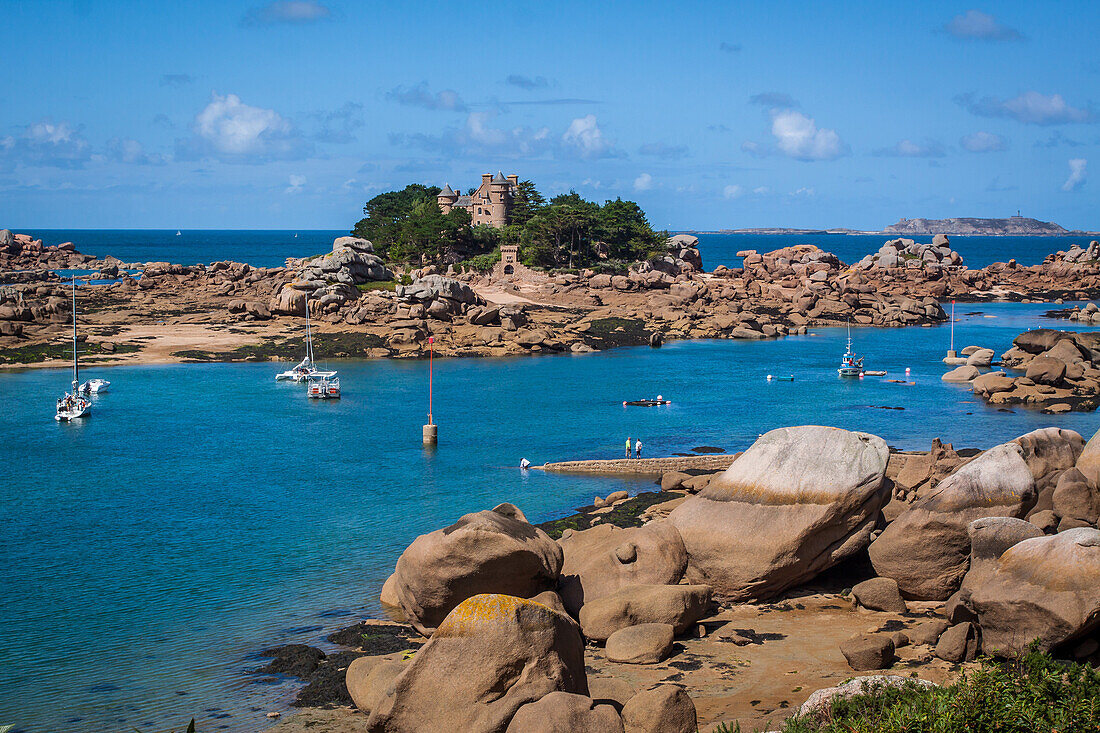 chateau de costaeres off the coast of ploumanac'h with a view of the pink granite coast, ploumanac'h, (22) cotes d'armor, brittany, france