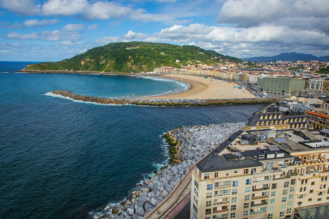 zurriola beach, the kursaal cubes, convention center and mount ulia, san sebastian, donostia, basque country, spain