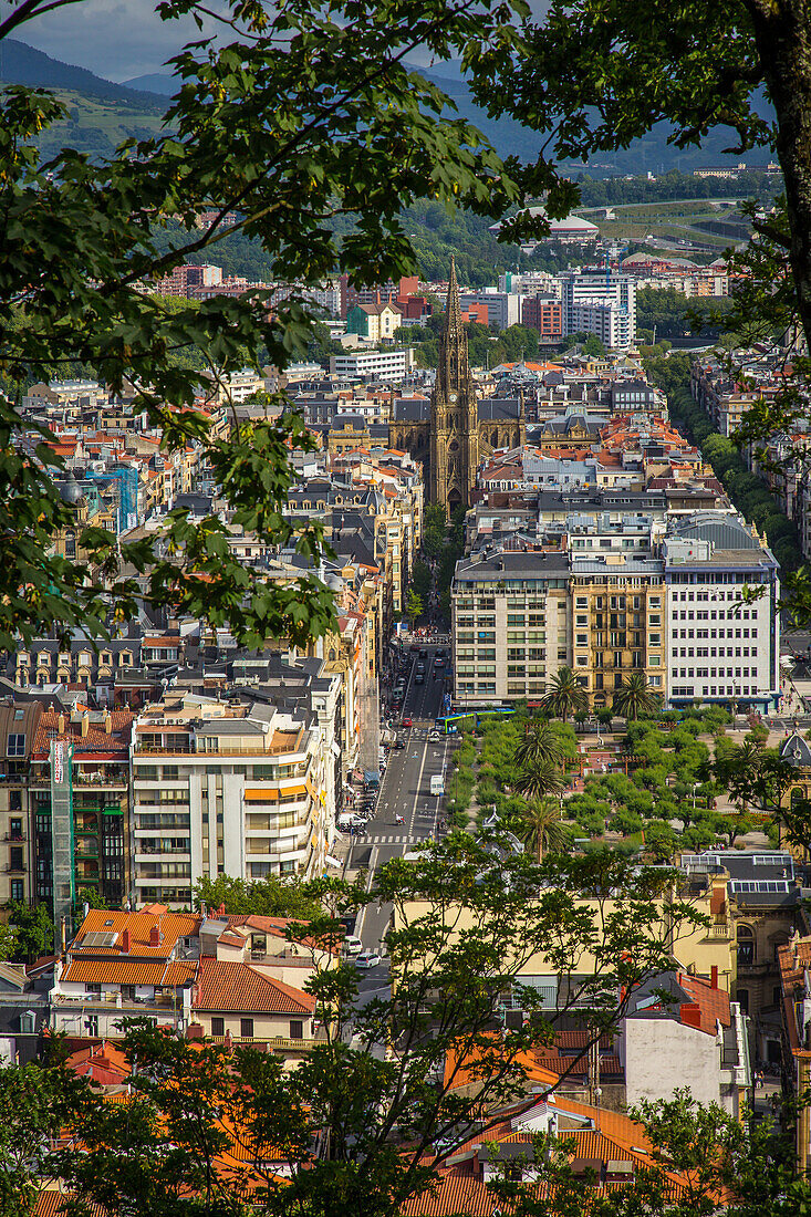 view over san sebastian from mount ulia, buen pastor cathedral, san sebastian, donostia, basque country, spain