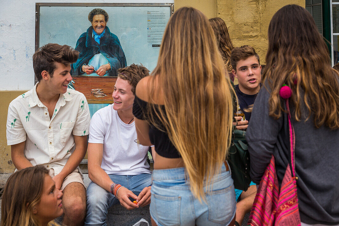 young people, illustration andresa portugal, fish seller at the bretxa market, san sebastian, donostia, basque country, spain