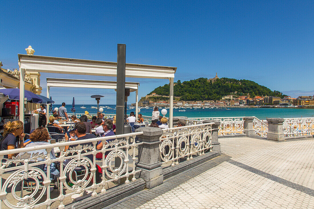 promenade on la concha beach, mount urgull, san sebastian, donostia, basque country, spain