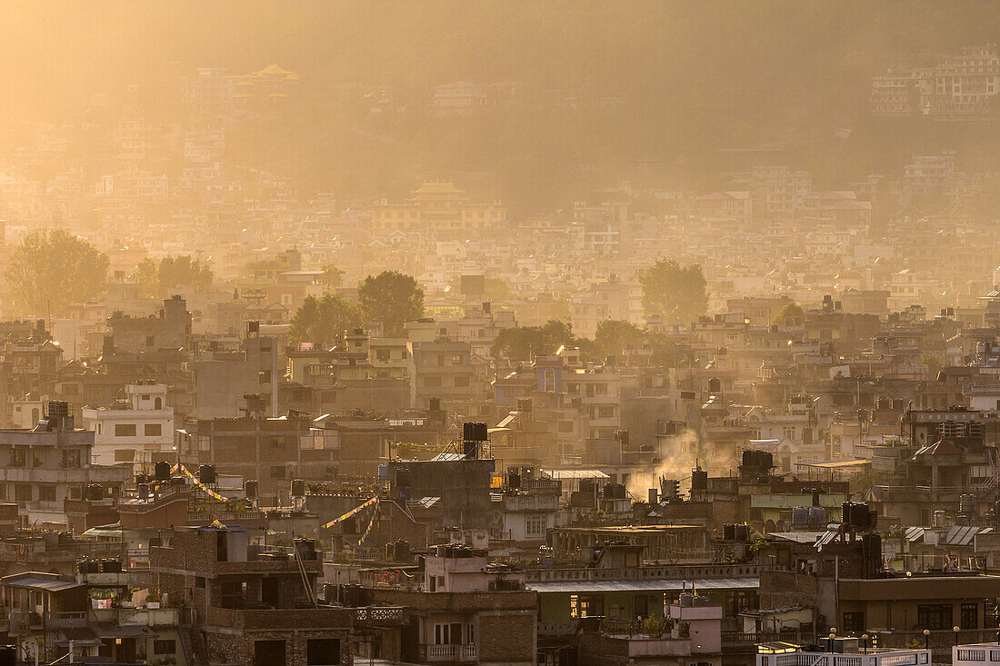 many modest houses in the mist following the major earthquake in 2015, kathmandu, nepal