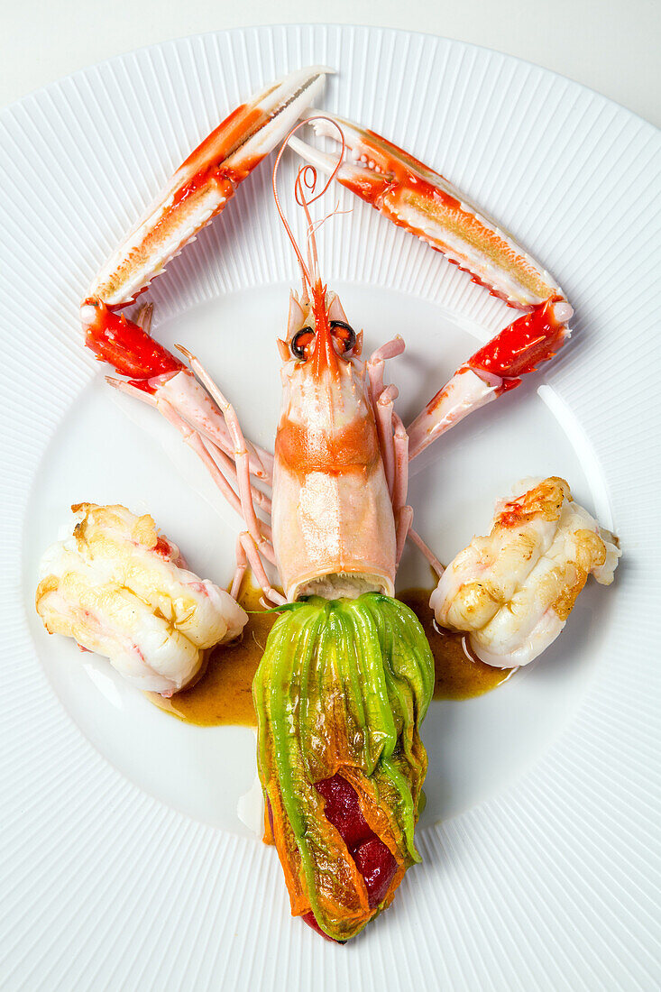 stuffed zucchini flower and grilled prawns, recipe by laurent clement, cookbook of local dishes from the eure-et-loir (28), france