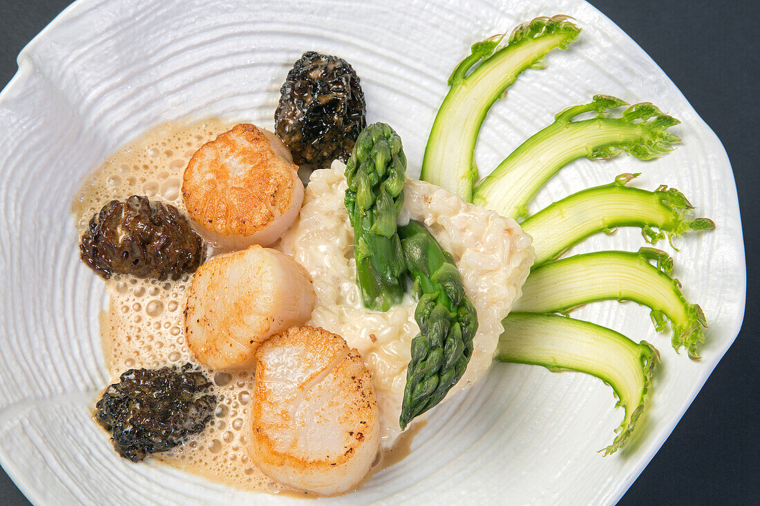 asparagus risotto with scallops and morels, recipe by laurent clement, cookbook of local dishes from the eure-et-loir (28), france